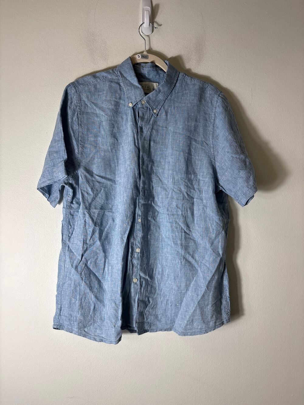 Mens The A & F Blue Linen Button Up Shirt Sz L